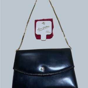 Vintage Black Leather Shoulder Bag with Gold Chain by Jane Shilton